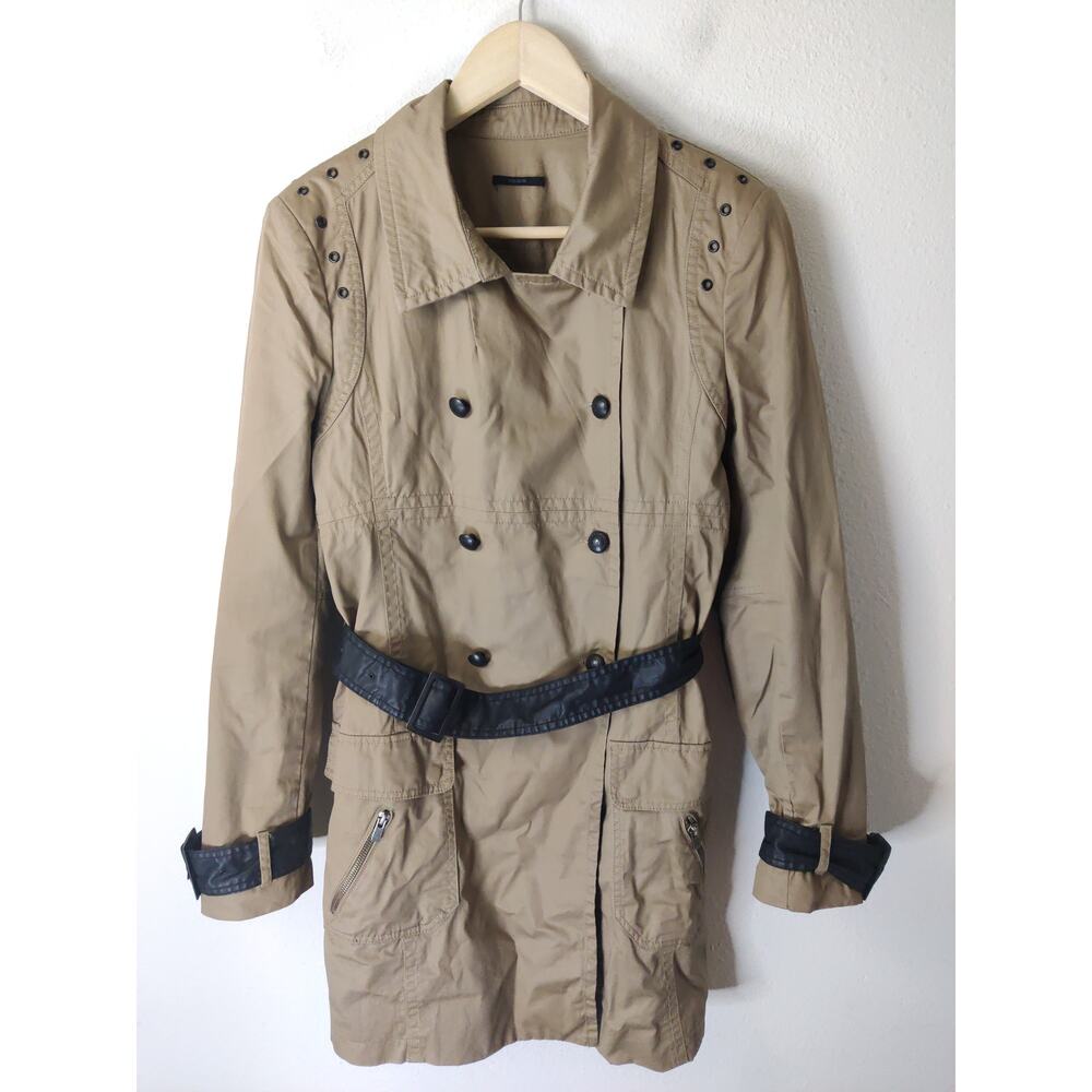 IKKS Paris Women's Tan Double Breasted Belted Long Sleeve Trench Coat Sz EU 40